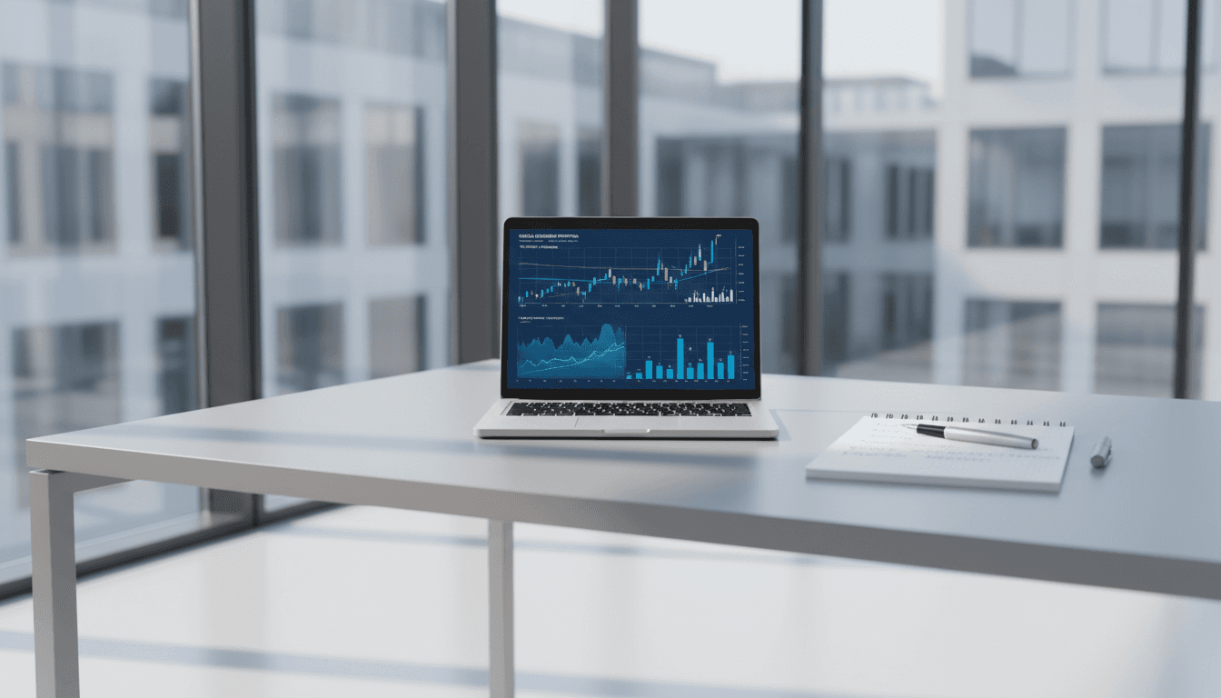 Professional workspace with laptop showing financial data and investment planning materials