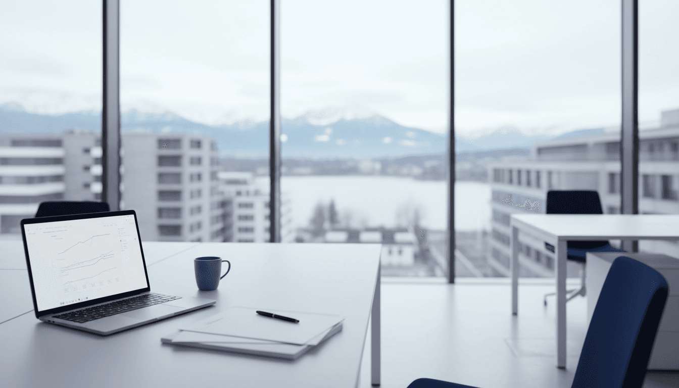 Modern investment workspace with laptop and portfolio documents