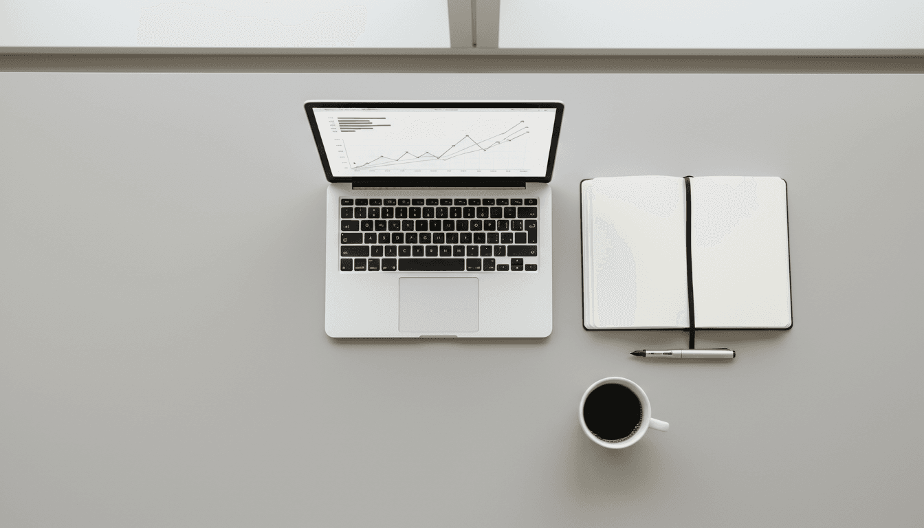 Organized workspace with laptop showing investment charts