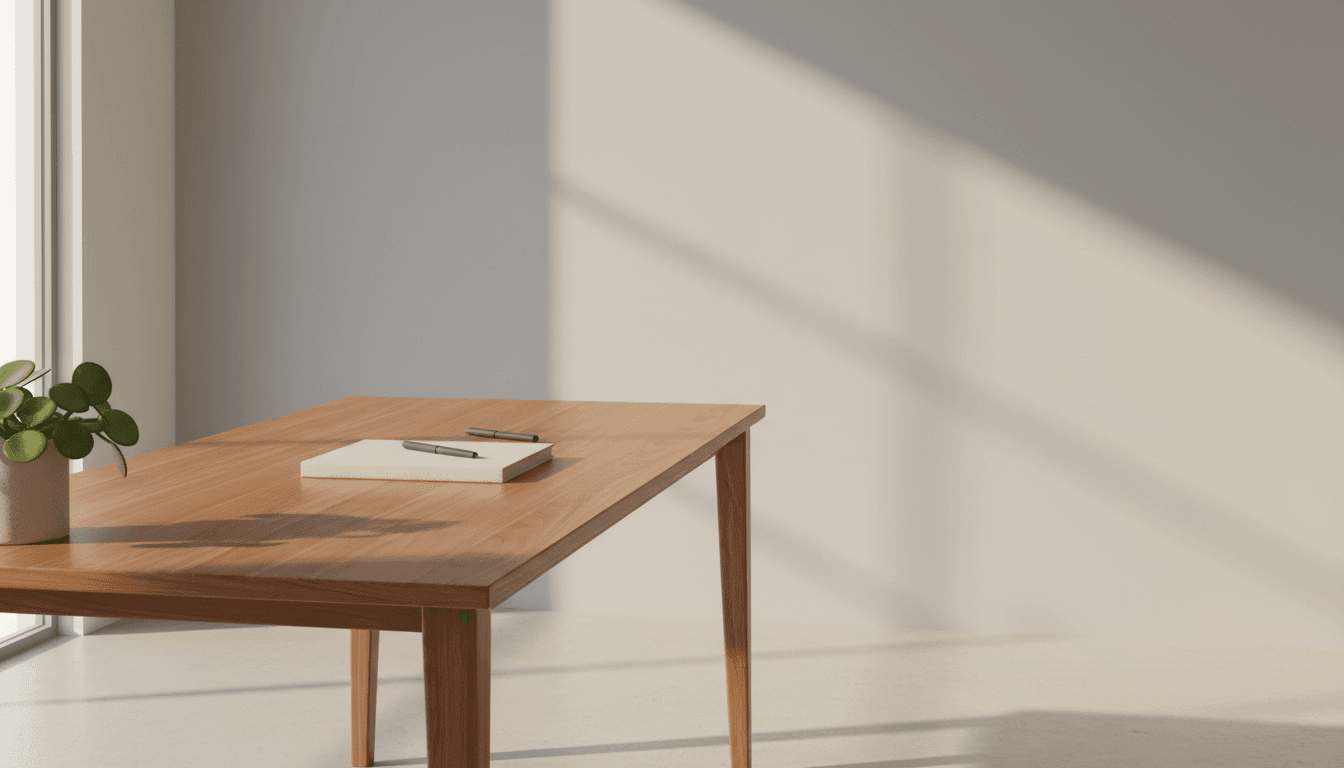 Minimalist workspace with notebook and pen on clean wooden desk