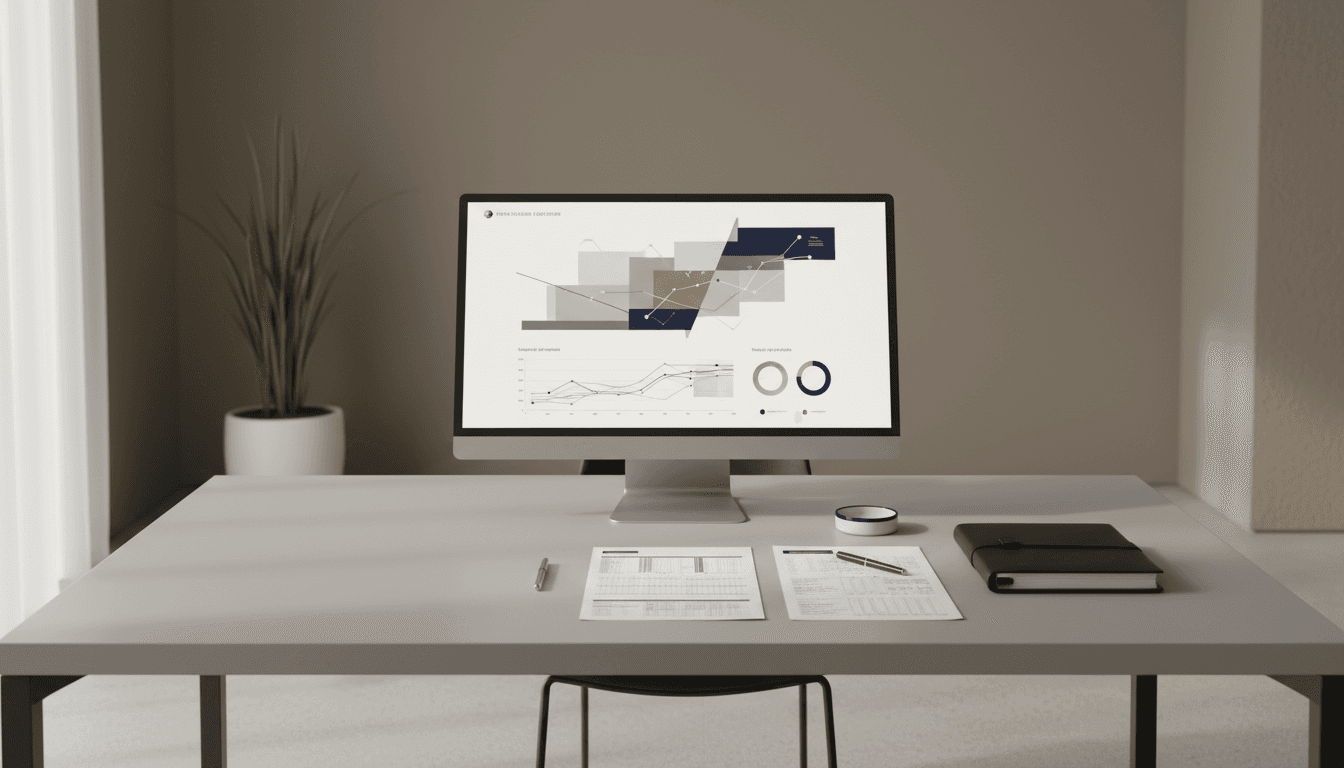 Professional investment workspace with financial charts and organized portfolio materials