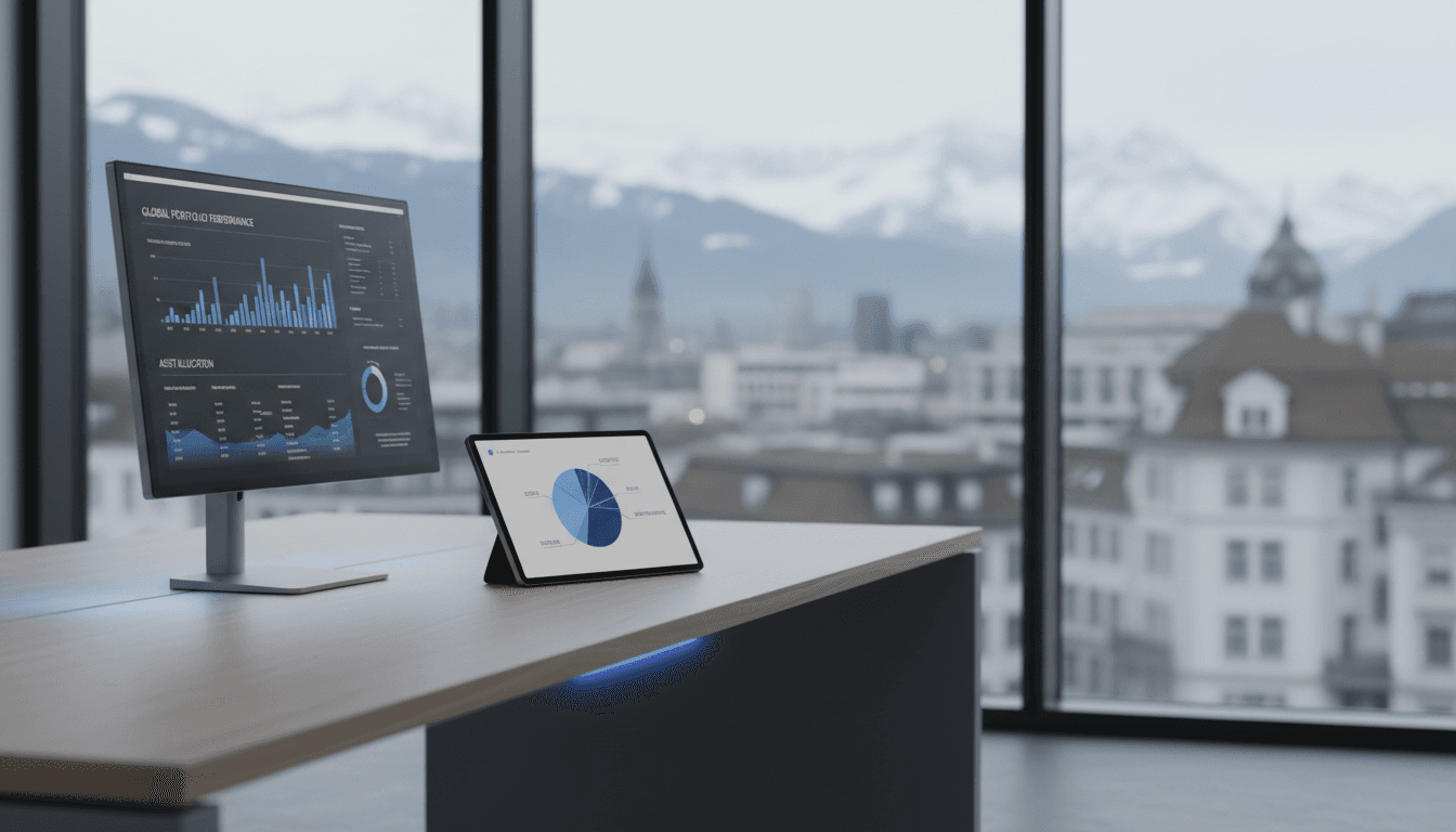 Professional workspace with financial data and investment portfolio visualization